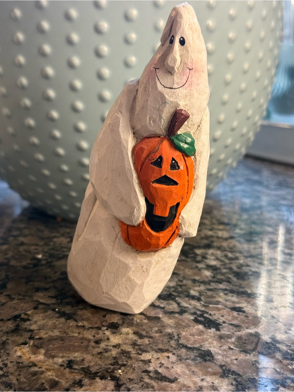 Cute Ghost- leaning, wood, Ghost and Pumpkin -m